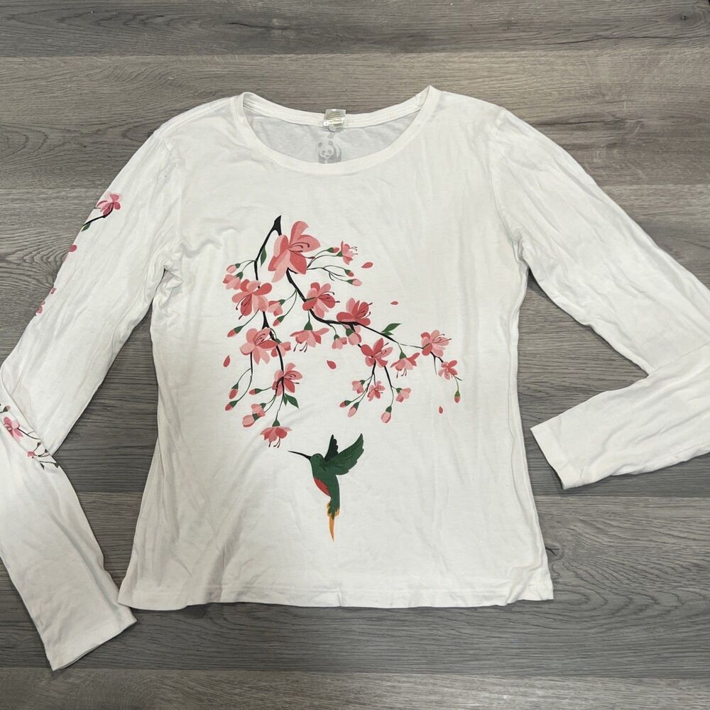 ONNO T-Shirt White Bamboo Cotton WWF Hummingbird Cherry Blossom Floral Size Med